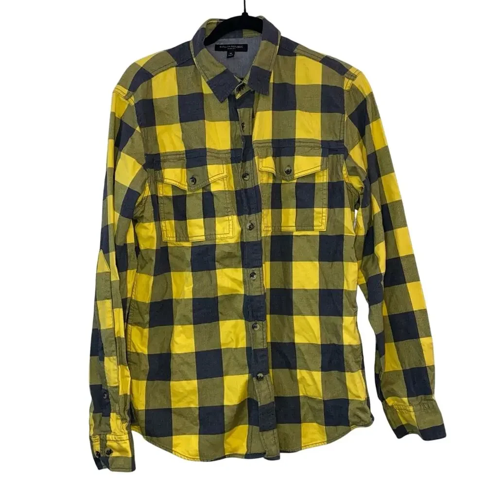 Banana Republic Slim Fit Plaid Button Up Shirt Men’s Medium Yellow Black Cotton